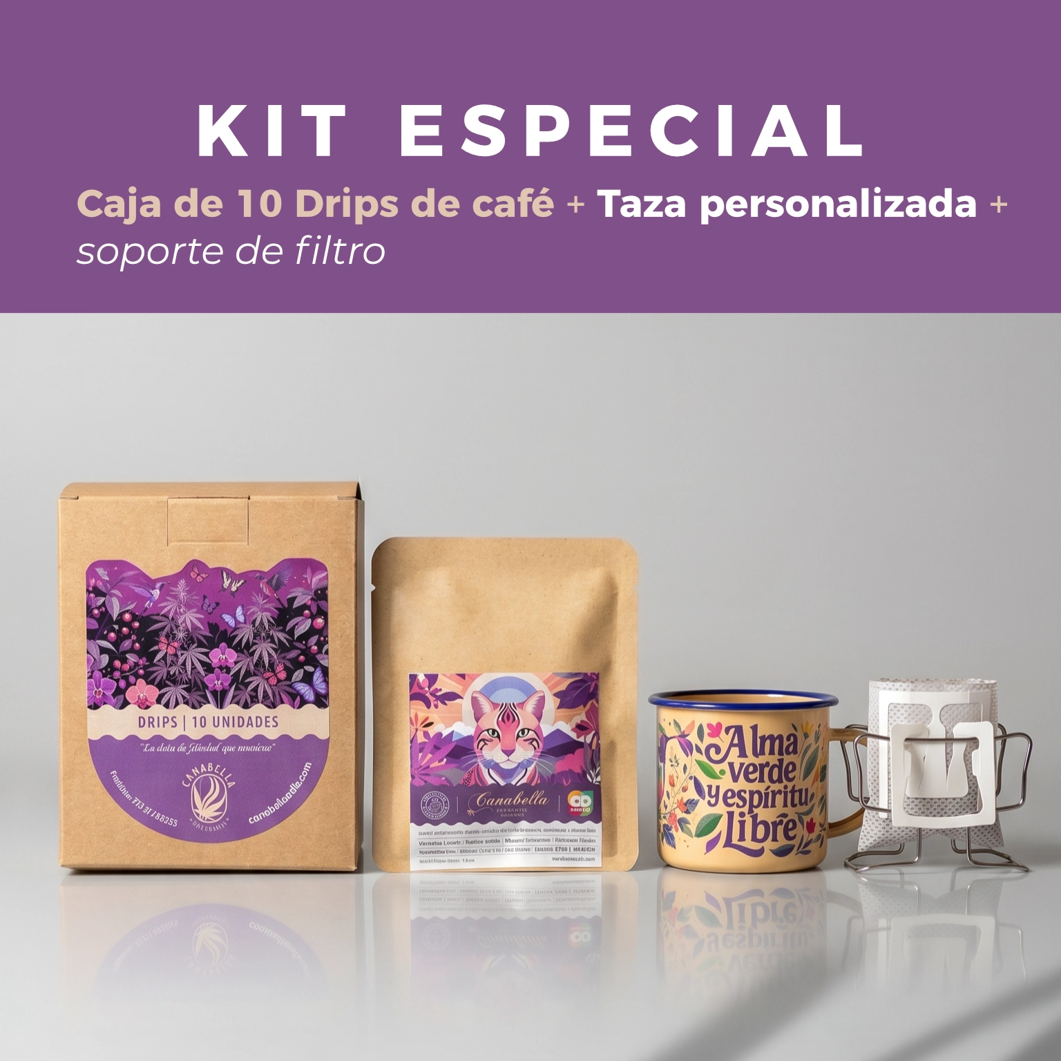 Kit Especial Drips de café + taza personalizada + soporte de filtro